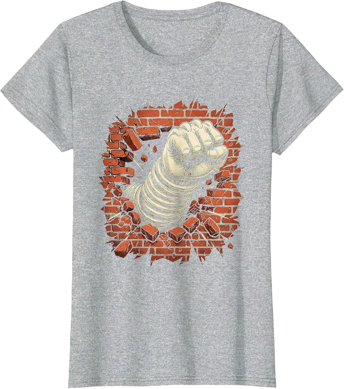 Angry Fist Punching Through Brick Wall Graphic T-Shirt - Heather Grey