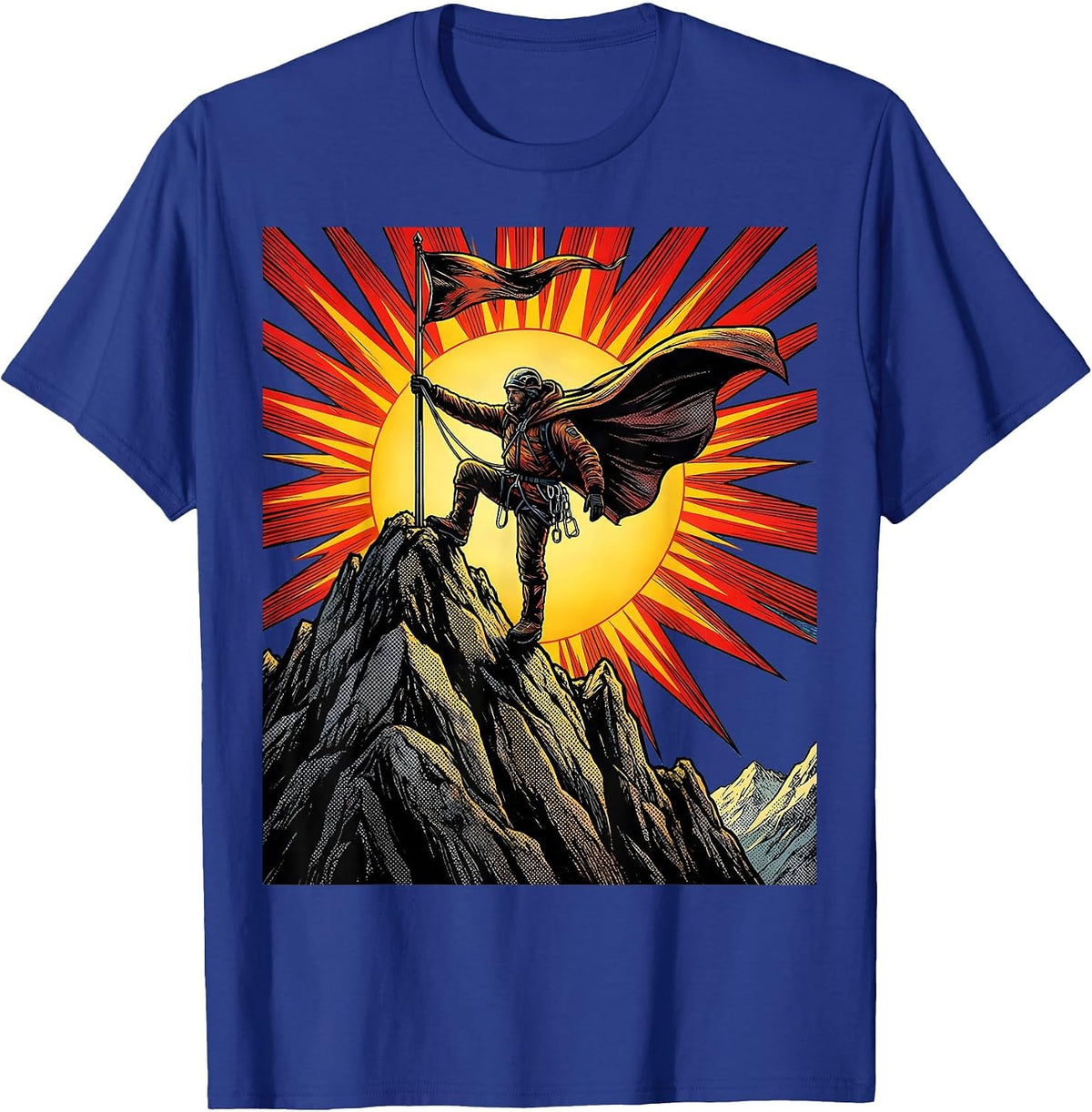 Climber Reaching Summit Flagpole at Dawn T-Shirt - Royal Blue