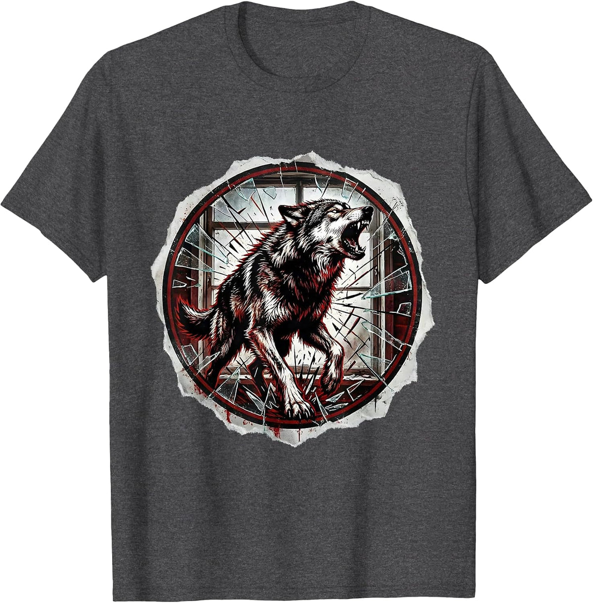 Grunge Wolf Howling Through Shattered Glass T-Shirt - Dark Heather Grey