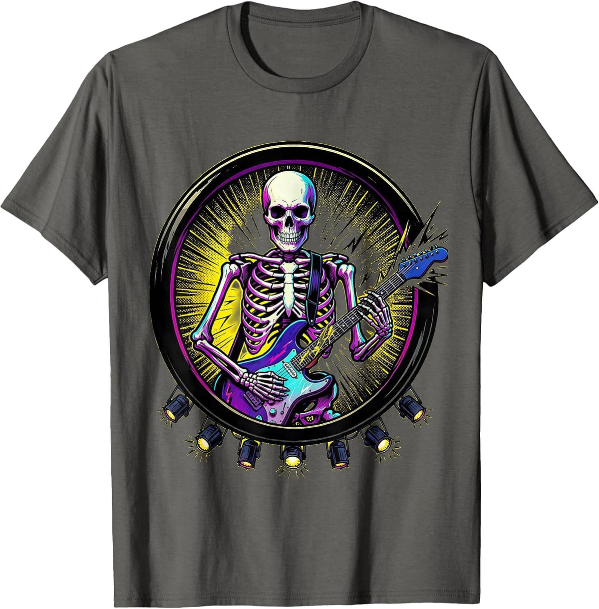 Skeleton Guitarist Rock Stage 80s Band Graphic T-Shirt - Asphalt Grey