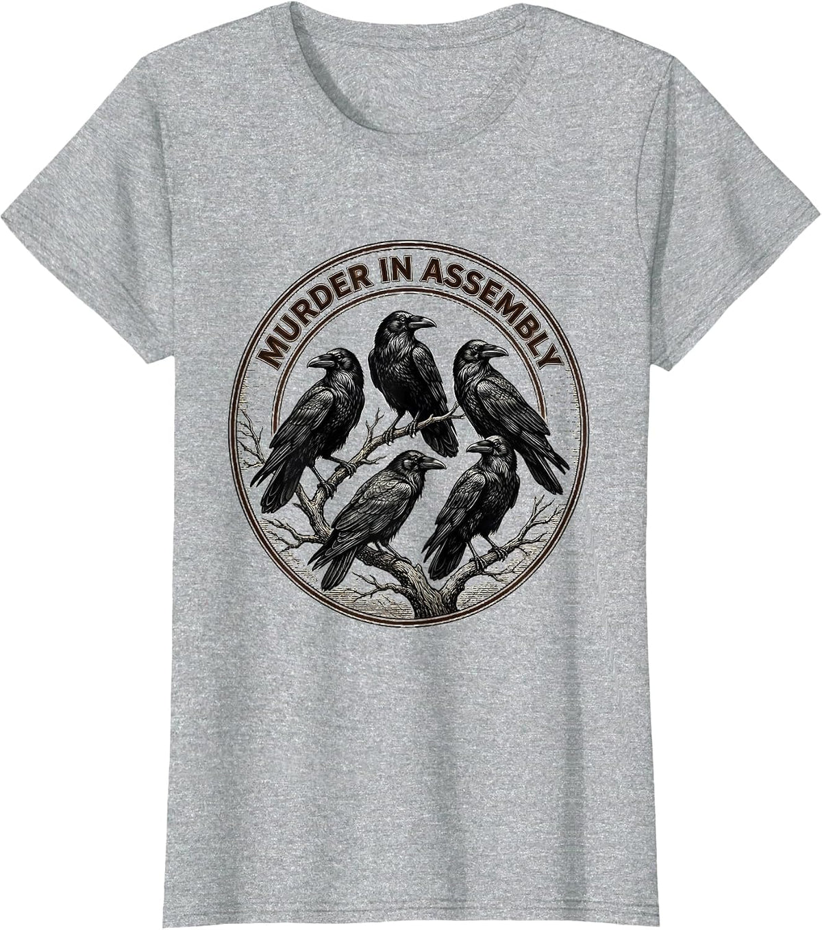 Women's Murder In Assembly Crosshatch Etching Crow Lover Bird Humor T-Shirt - Heather Grey