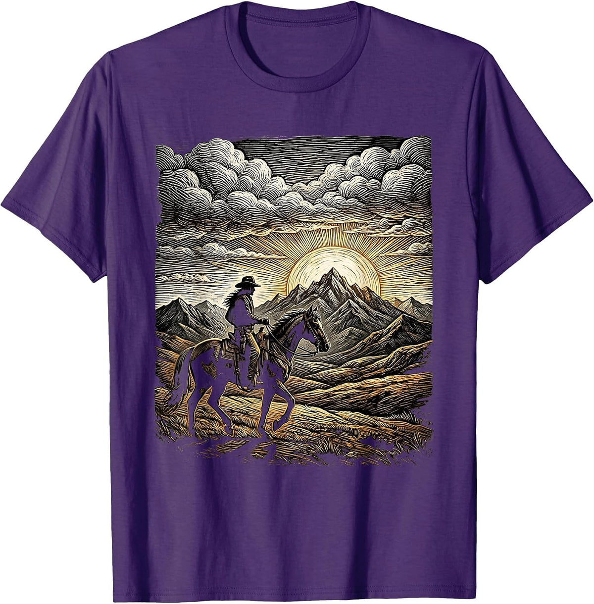 Cowboy Silhouette Riding Toward Mountain Horizon T-Shirt - Purple
