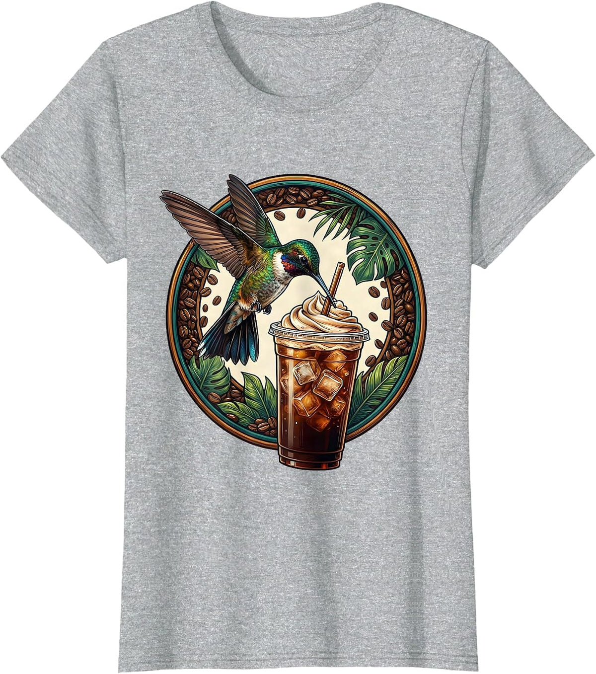 Women's Hummingbird Iced Coffee Lover Graphic Tee T-Shirt - Heather Grey