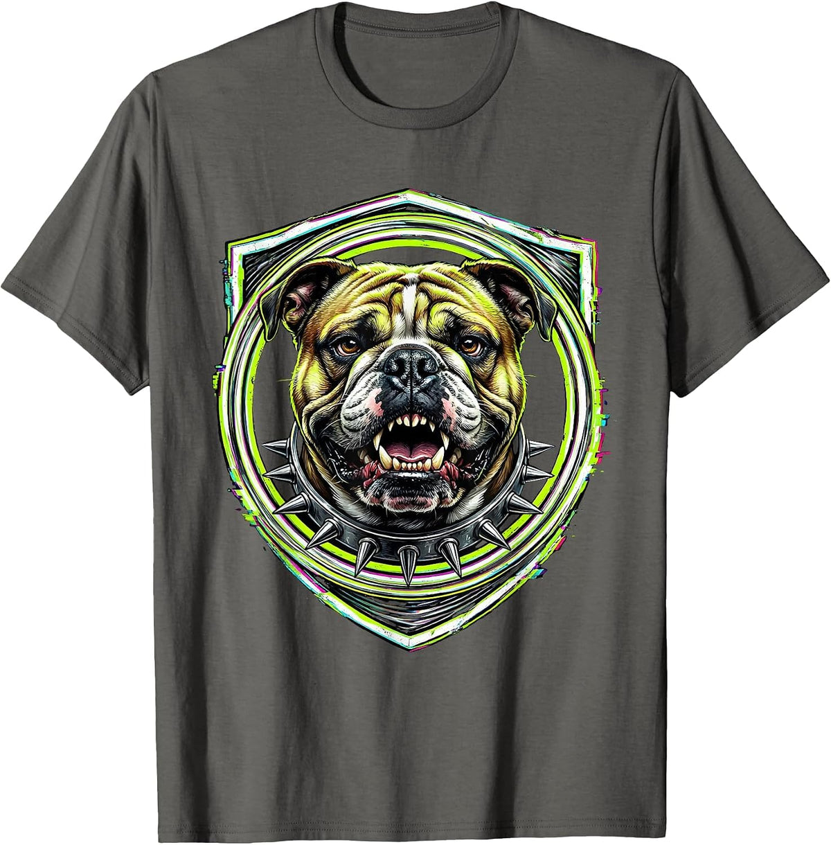 Punk Rock Snarling Bulldog Spiked Collar Graphic T-Shirt - Asphalt Grey