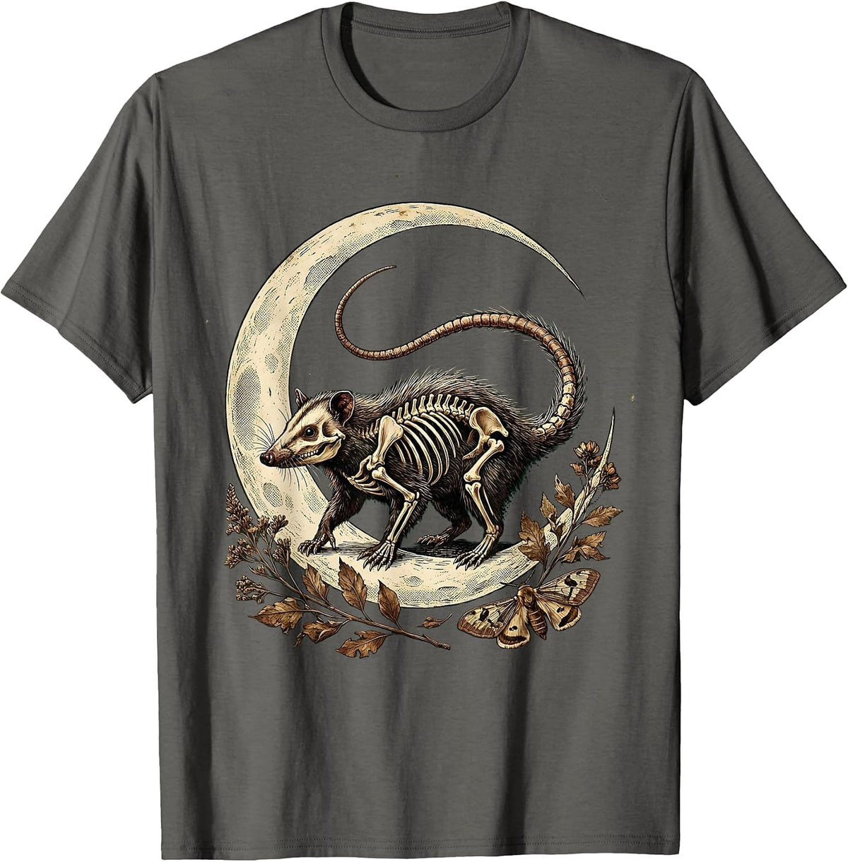 Skeleton Opossum Crescent Moon Gothic Night Art T-Shirt - Asphalt Grey