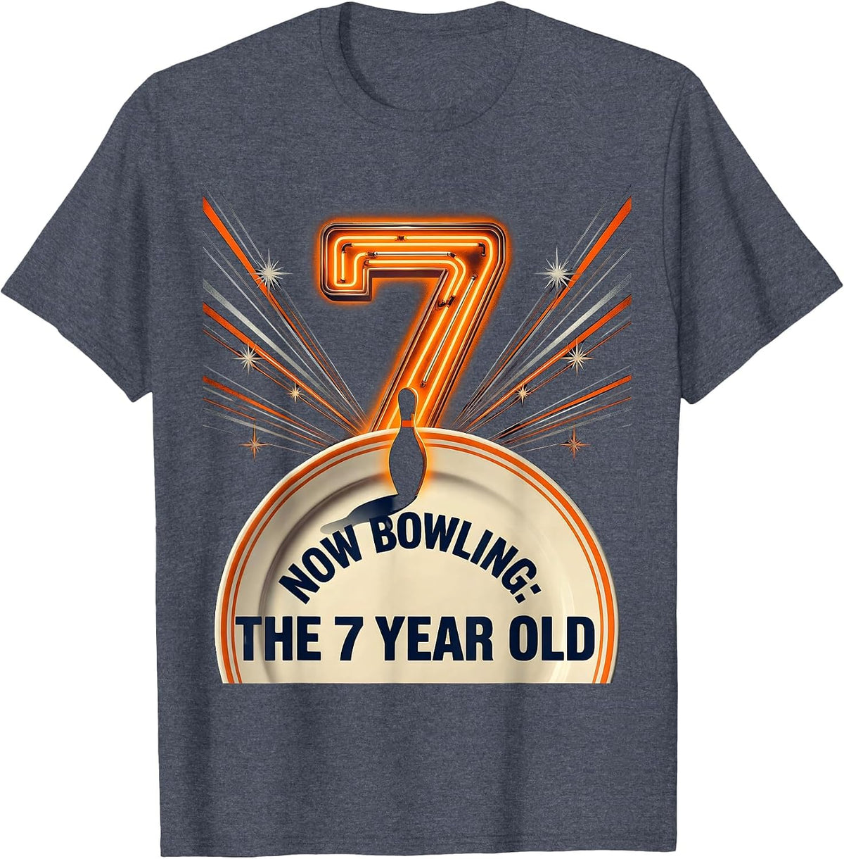 Now Bowling The 7 Year Old Retro Futurist Birthday Party T-Shirt - Heather Blue