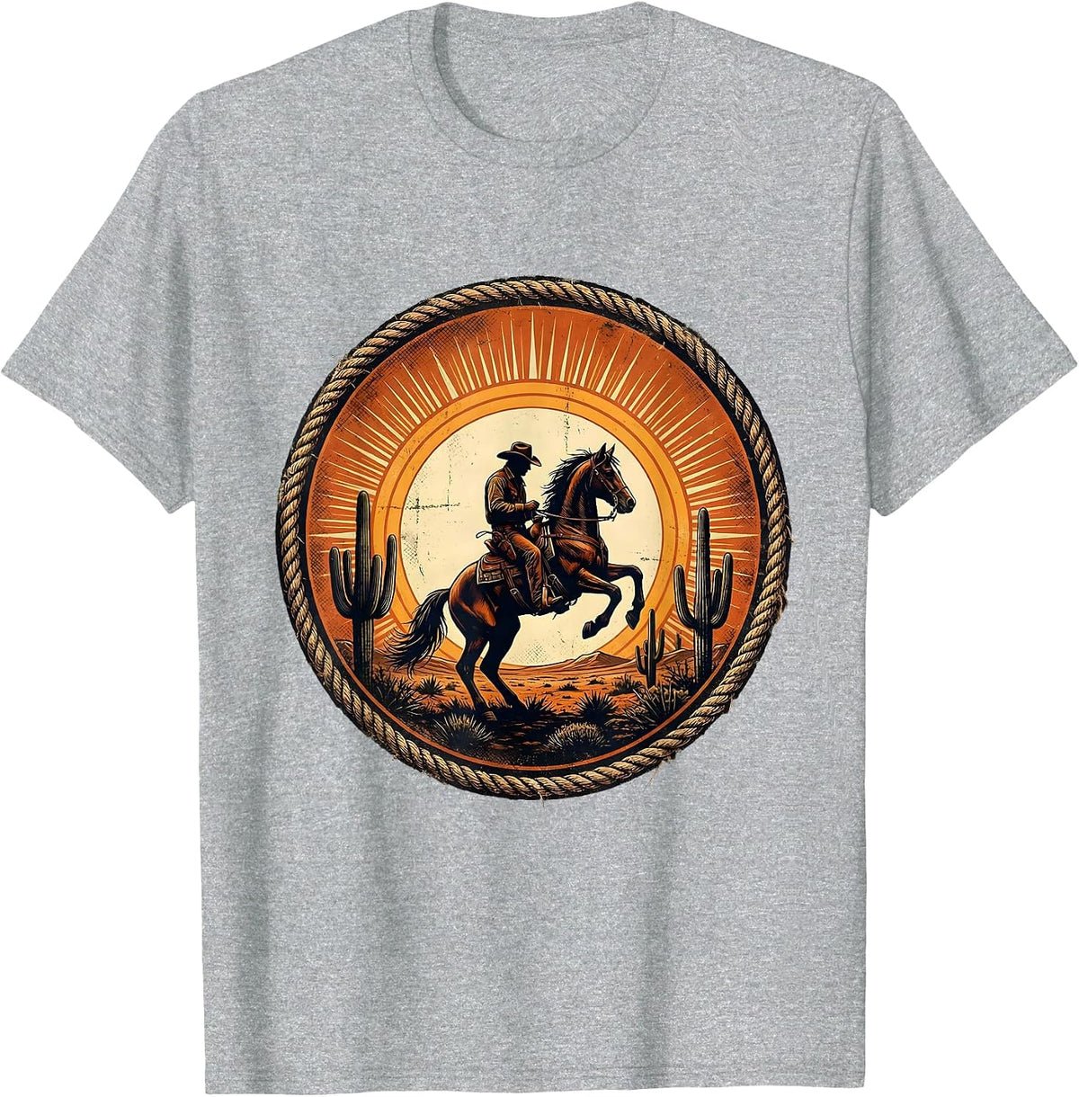 Men's Cowboy Silhouette Riding Horse at Sunset T-Shirt - Heather Grey