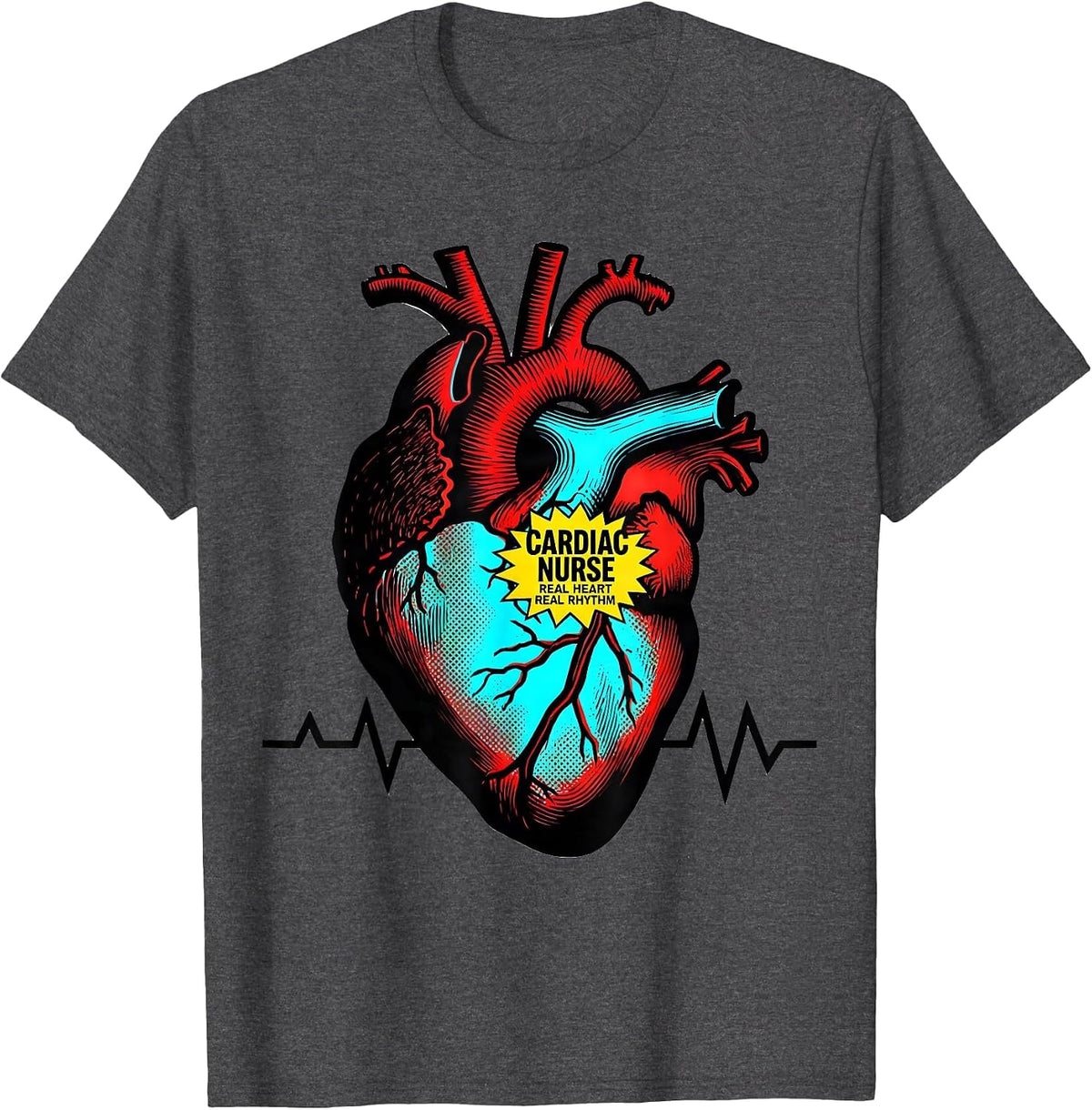 Cardiac Nurse. Real Heart, Real Rhythm Medical T-Shirt - Dark Heather Grey