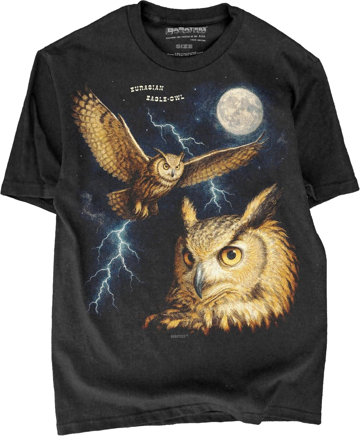 Moonlit Bird Artwork Premium Black T-Shirt for Men & Women - Eurasian Eagle Owl