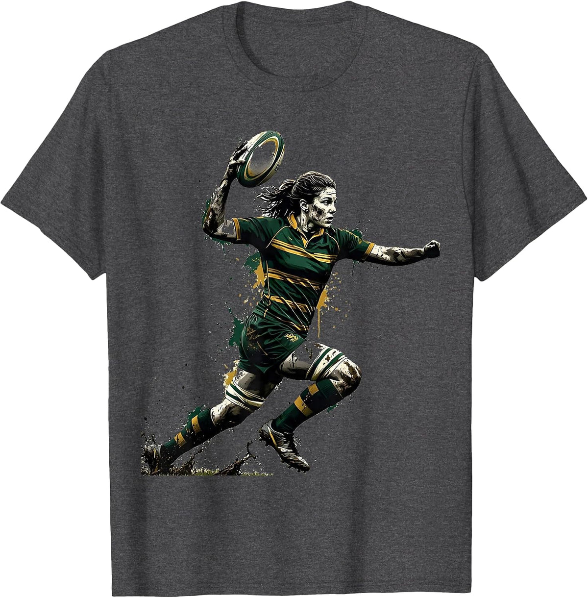 Muddy Rugby Player Triumphant Ball Holder Graphic T-Shirt - Dark Heather Grey