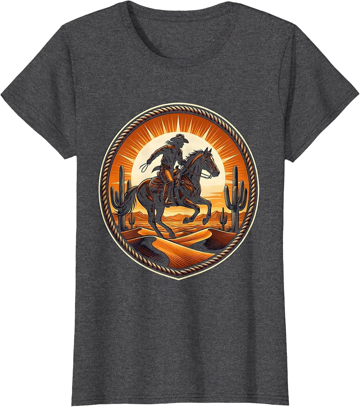 Women's Cowboy Riding Horse Desert Sunset Graphic T-Shirt - Dark Heather Grey