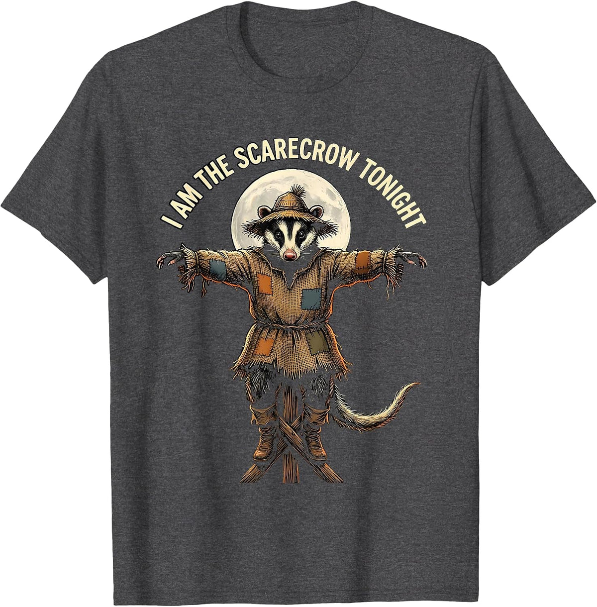I Am The Scarecrow Tonight Linocut Opossum Halloween Spooky T-Shirt - Dark Heather Grey