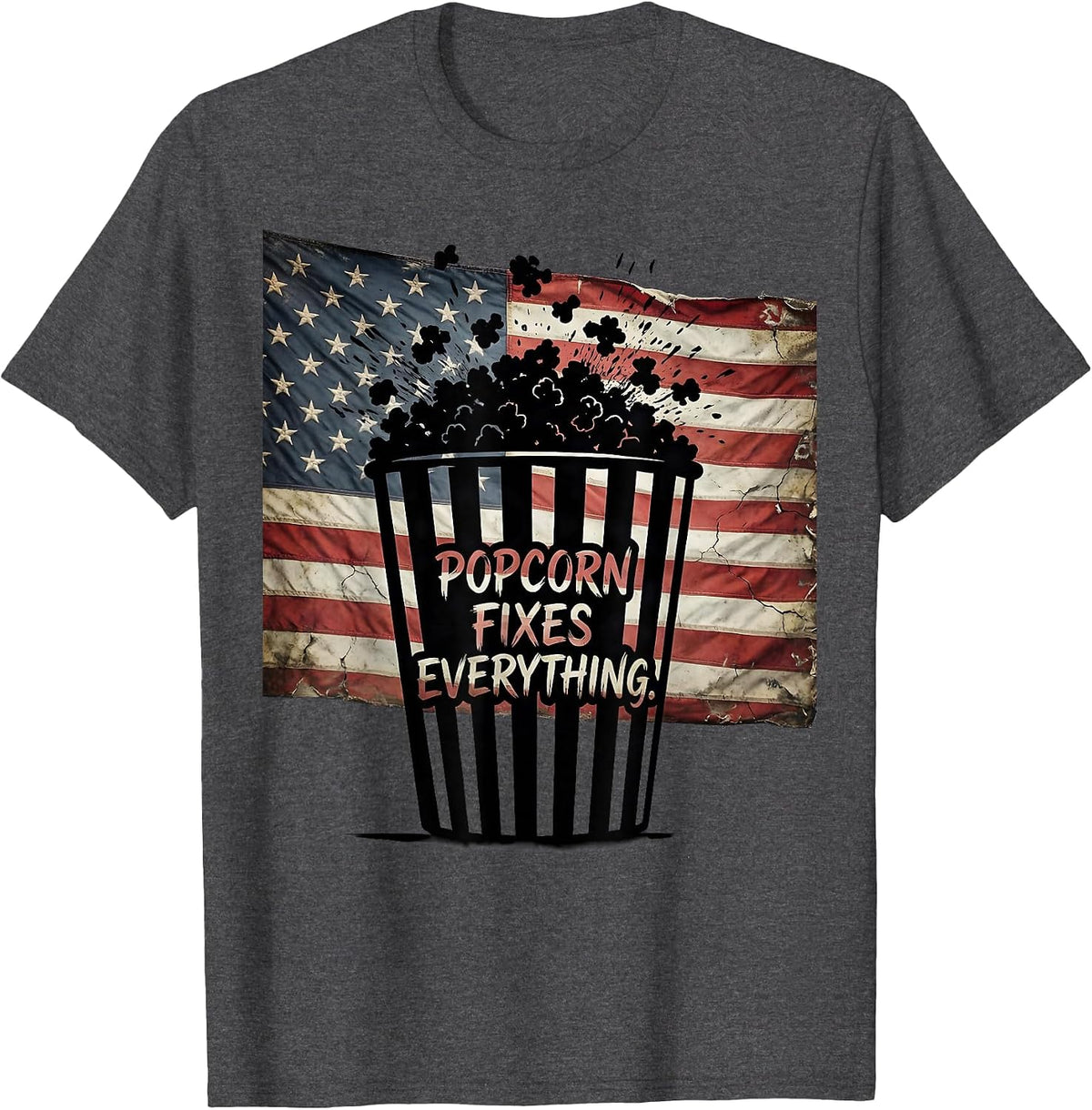 Men's Popcorn Fixes Everything Funny Snack Lover Design T-Shirt - Dark Heather Grey