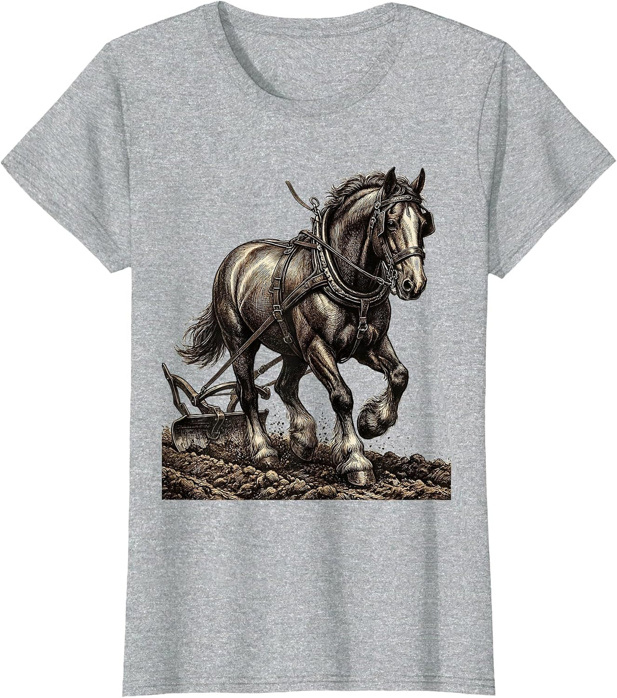 Women's Draft Horse Plowing Field Graphic Tee T-Shirt - Heather Grey