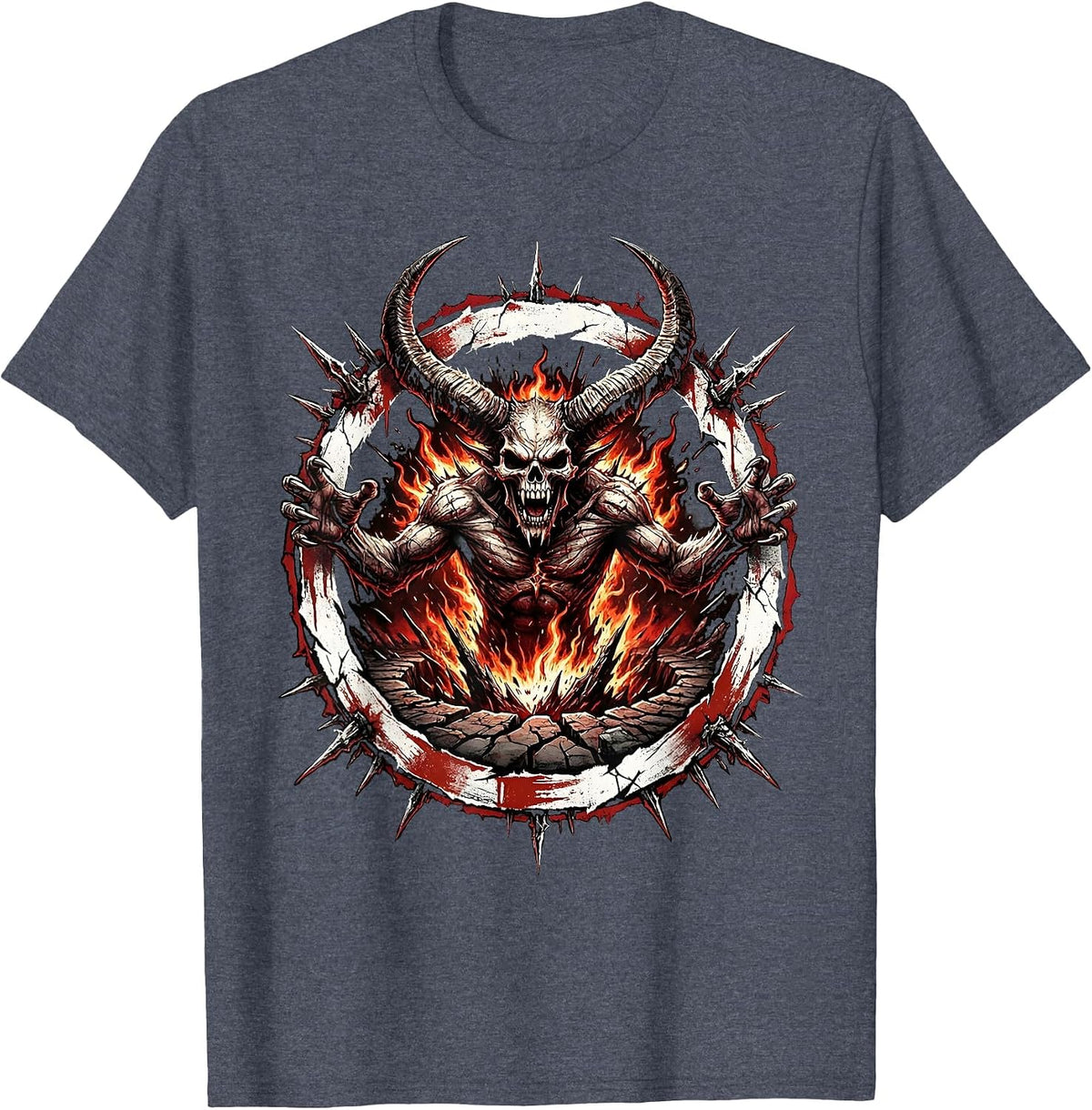 Horned Demon Rising From Fire Pit Halloween T-Shirt - Heather Blue