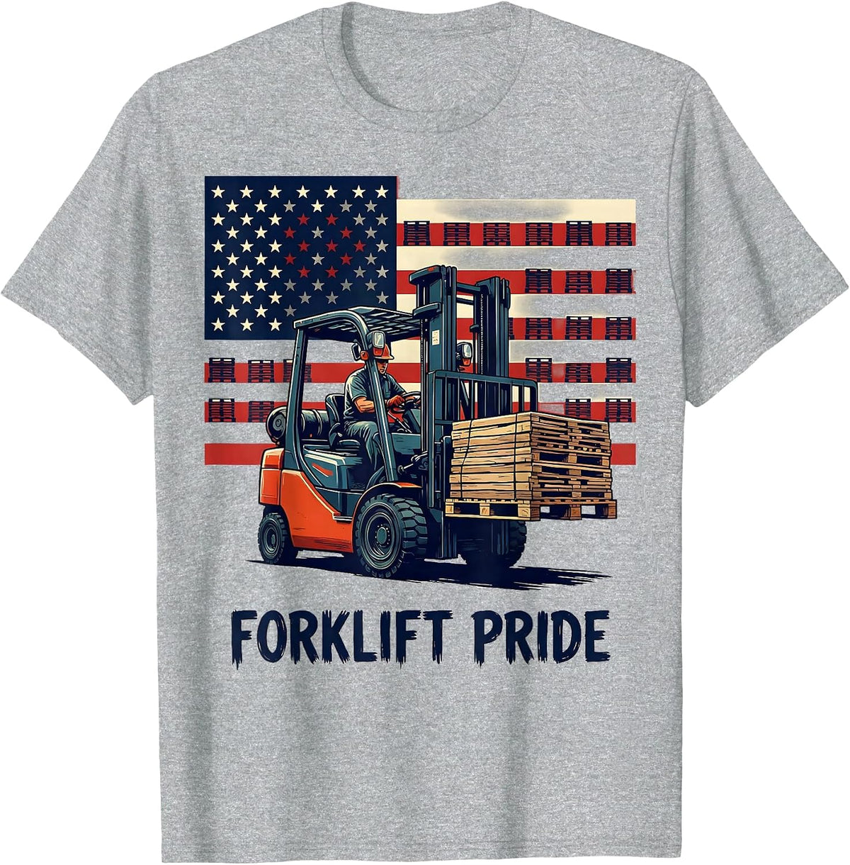 Men's Forklift Operator American Flag Patriotic Workwear T-Shirt - Heather Grey