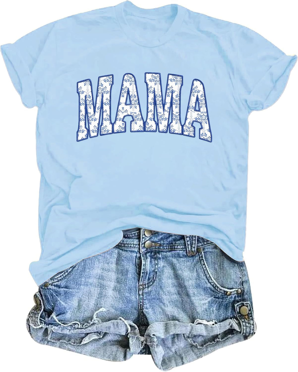 Mama Shirts for Women Mama Floral Embroidered Casual Short Sleeve Tees - Blue-a