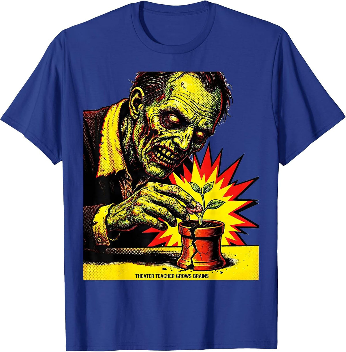 Theater Teacher Grows Brains Pop Art Zombie Halloween T-Shirt - Royal Blue