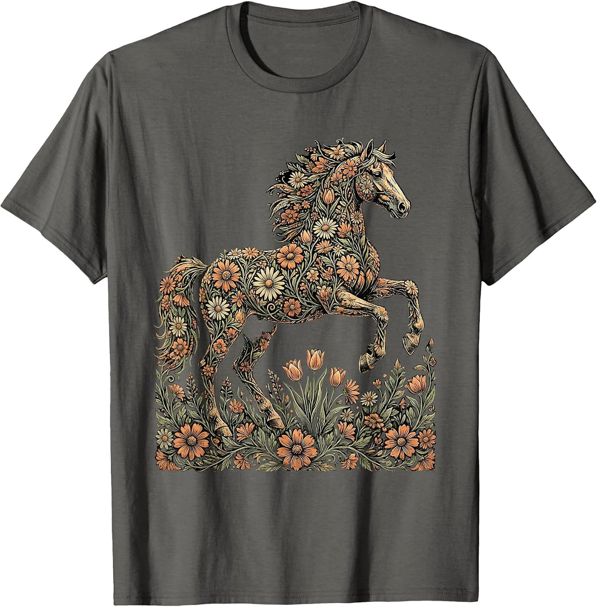 Men's Wildflower Horse Floral Botanical Art Design T-Shirt - Asphalt Grey