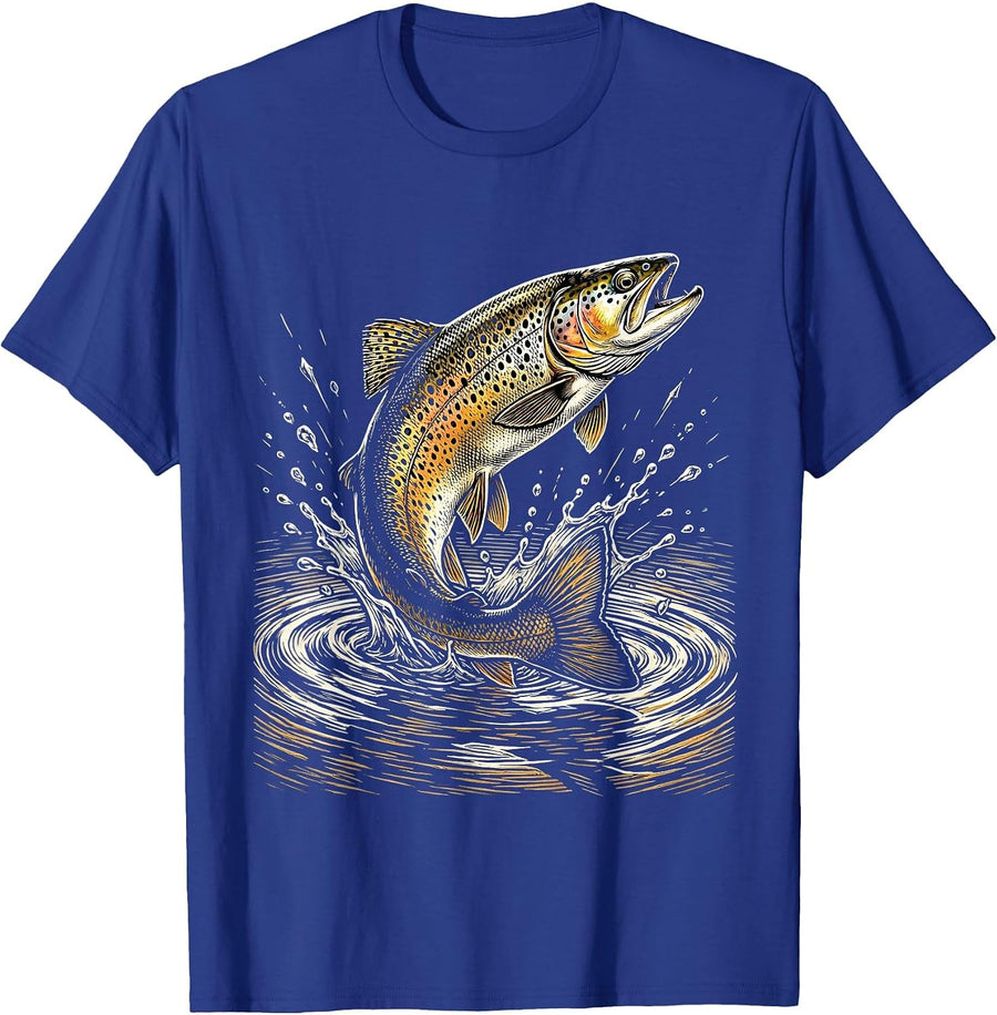 Trout Breaking Surface Golden Sunlight Fishing T-Shirt - Royal Blue