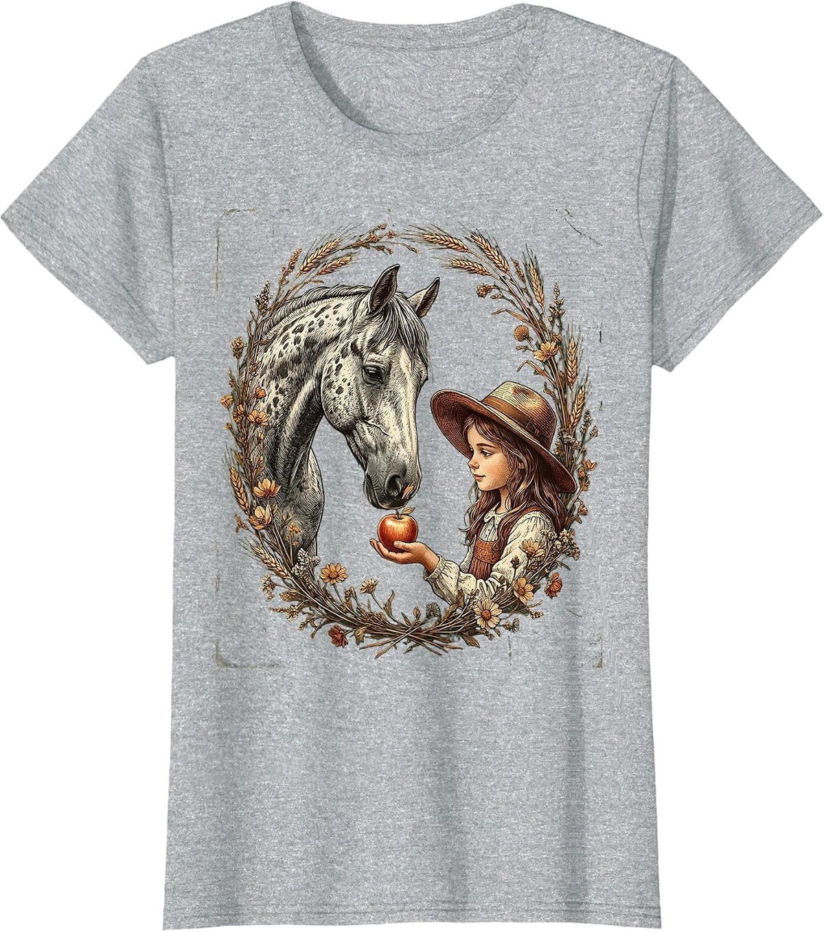 Girl Feeding Apple to Dappled Horse Illustration T-Shirt - Heather Grey