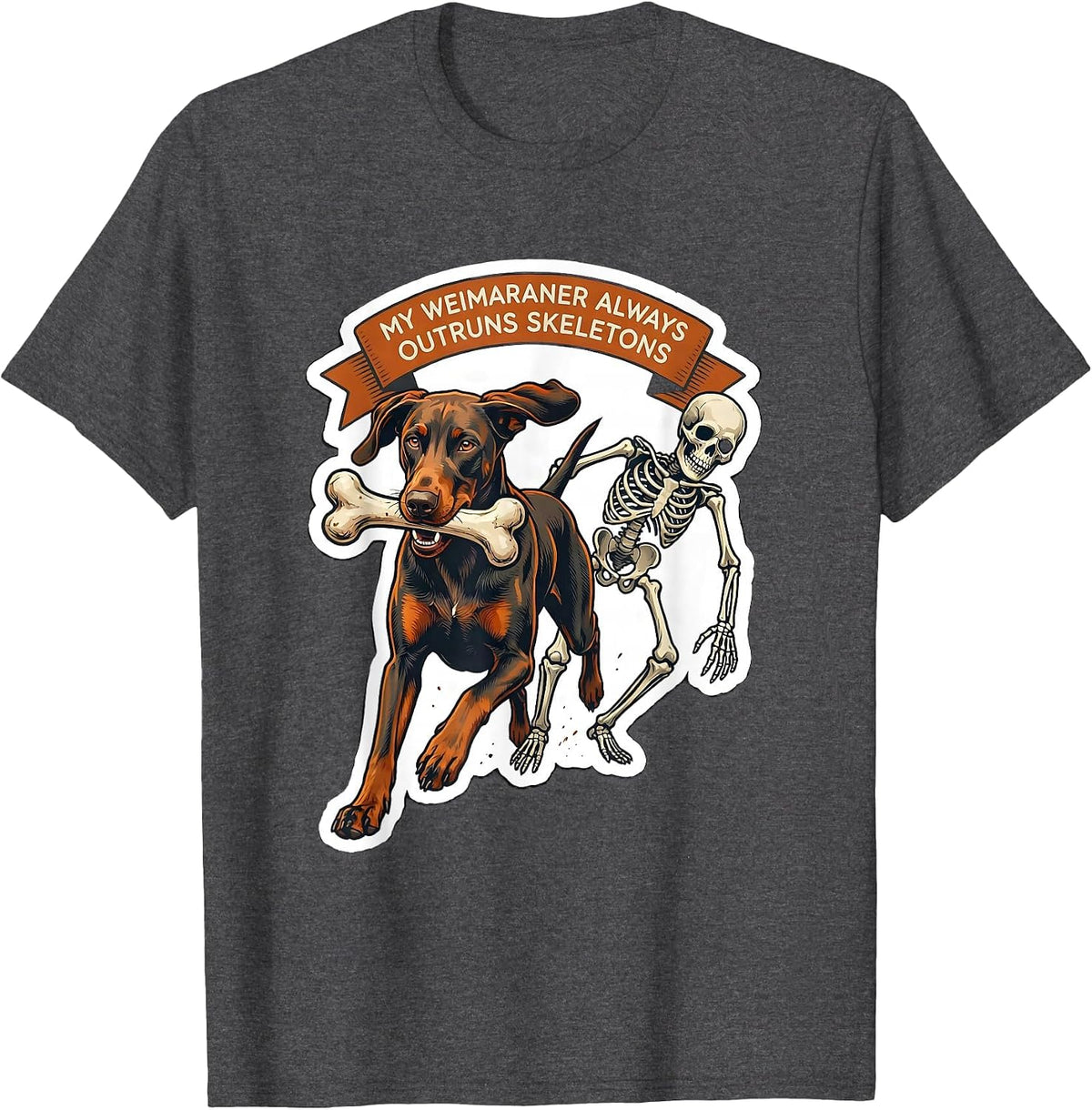 Men's My Weimaraner Always Outruns Skeletons Funny Halloween Dog T-Shirt - Dark Heather Grey