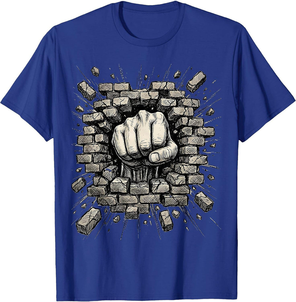 Men's Grunge Fist Through Brick Wall Graphic Tee T-Shirt - Royal Blue
