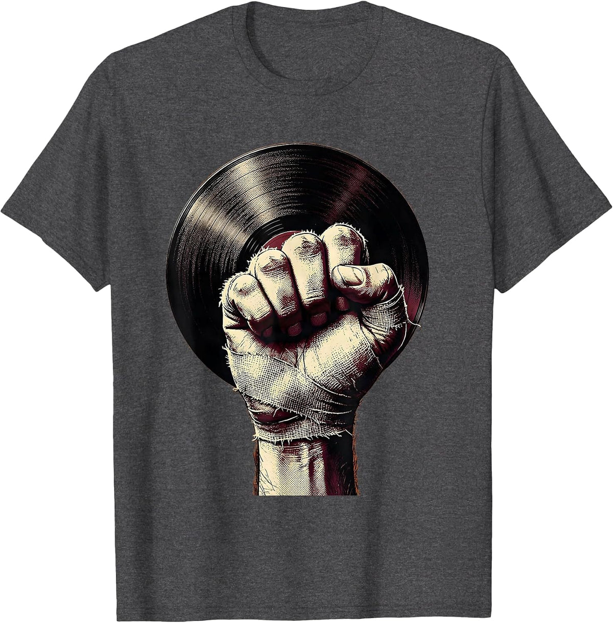 Grunge Bandaged Knuckles Vinyl Record Art T-Shirt - Dark Heather Grey