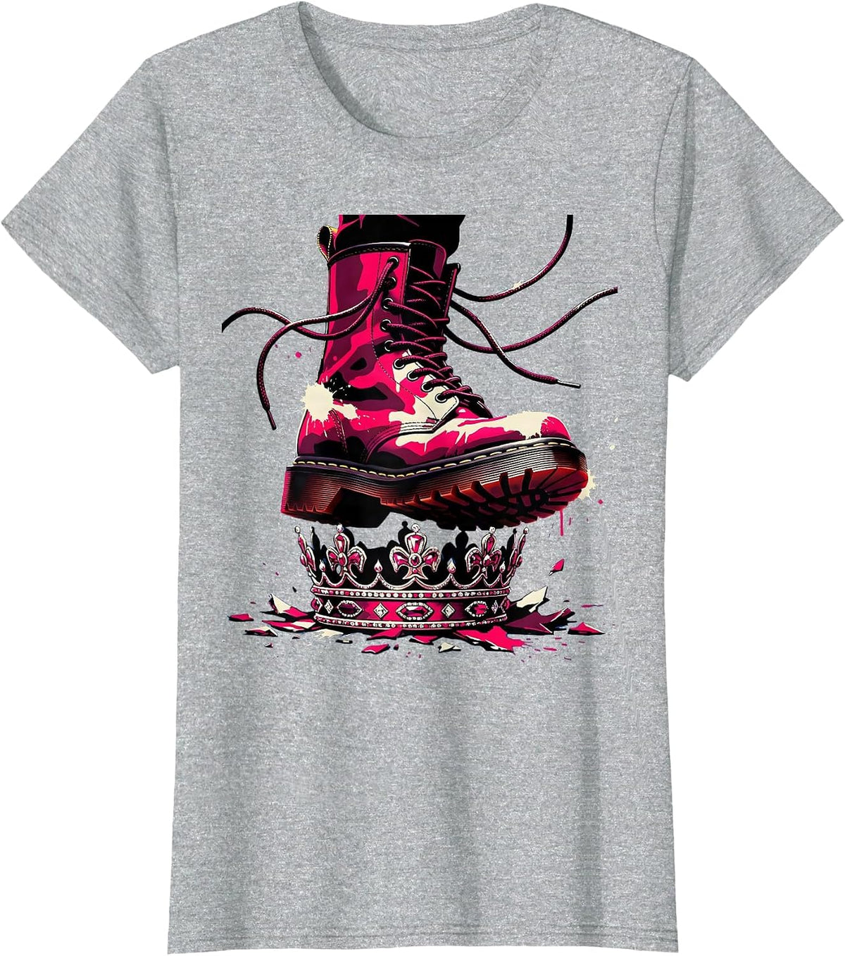 Punk Woman Stomping Crown Paint Splattered Boots T-Shirt - Heather Grey