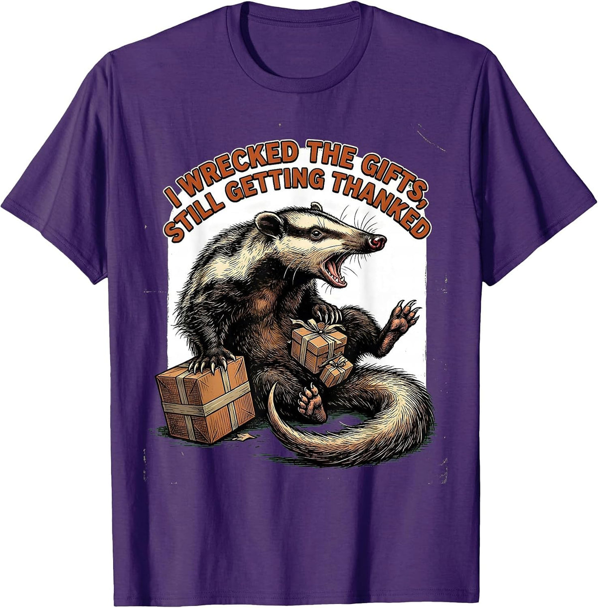 I Wrecked The Gifts, Still Getting Thanked Funny Opossum T-Shirt - Purple