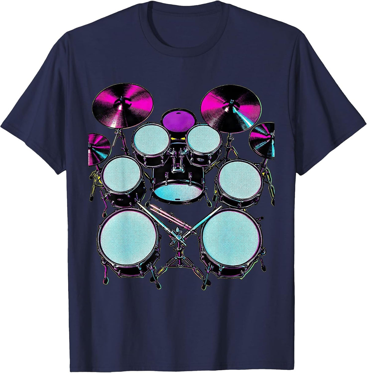 Double Bass Drum Kit Aerial View Graphic T-Shirt - Navy Blue
