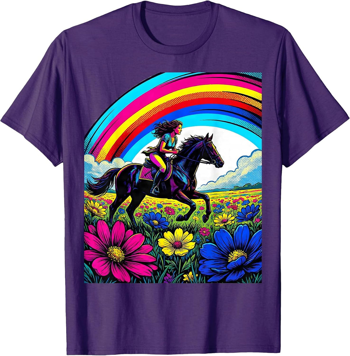 Rainbow Meadow Horse Rider Colorful Nature Art T-Shirt - Purple
