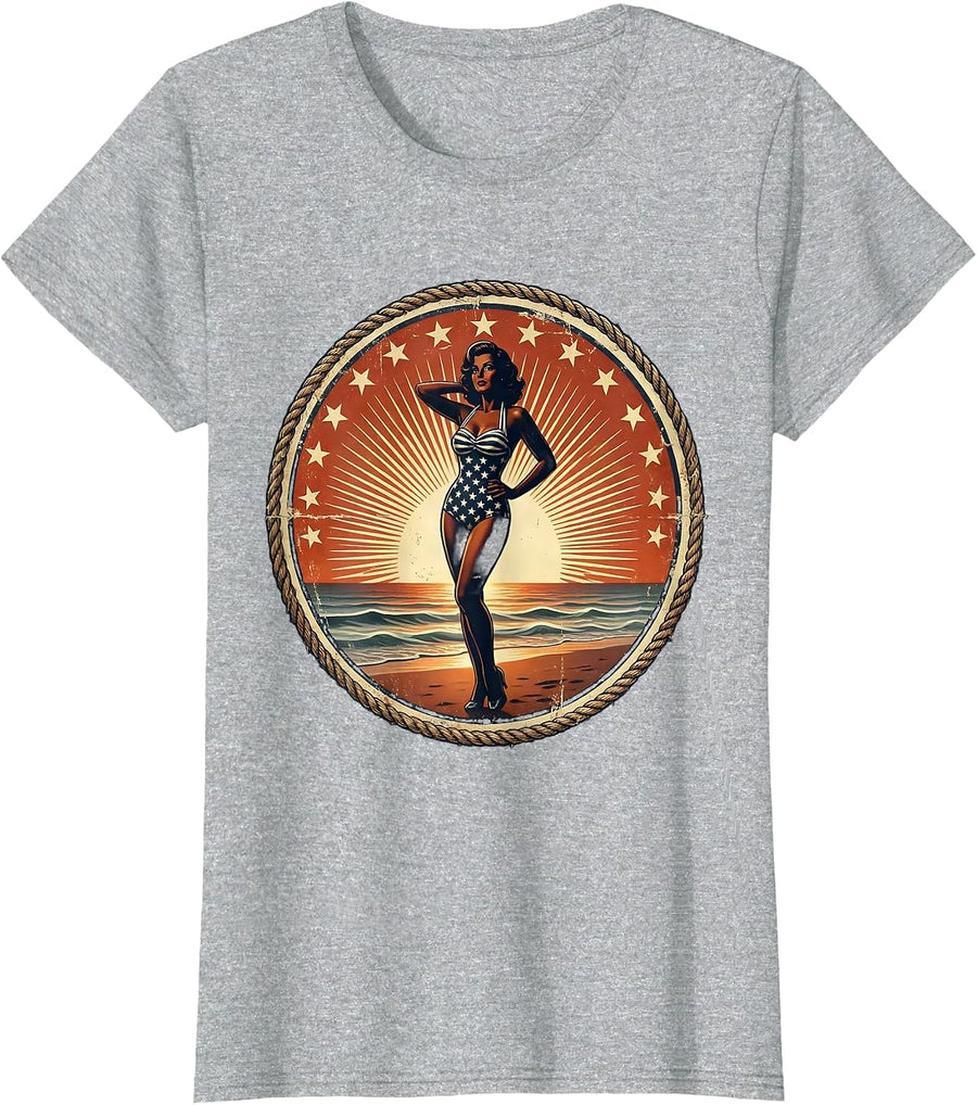 Patriotic Stars and Stripes Beachside Sunset T-Shirt - Heather Grey