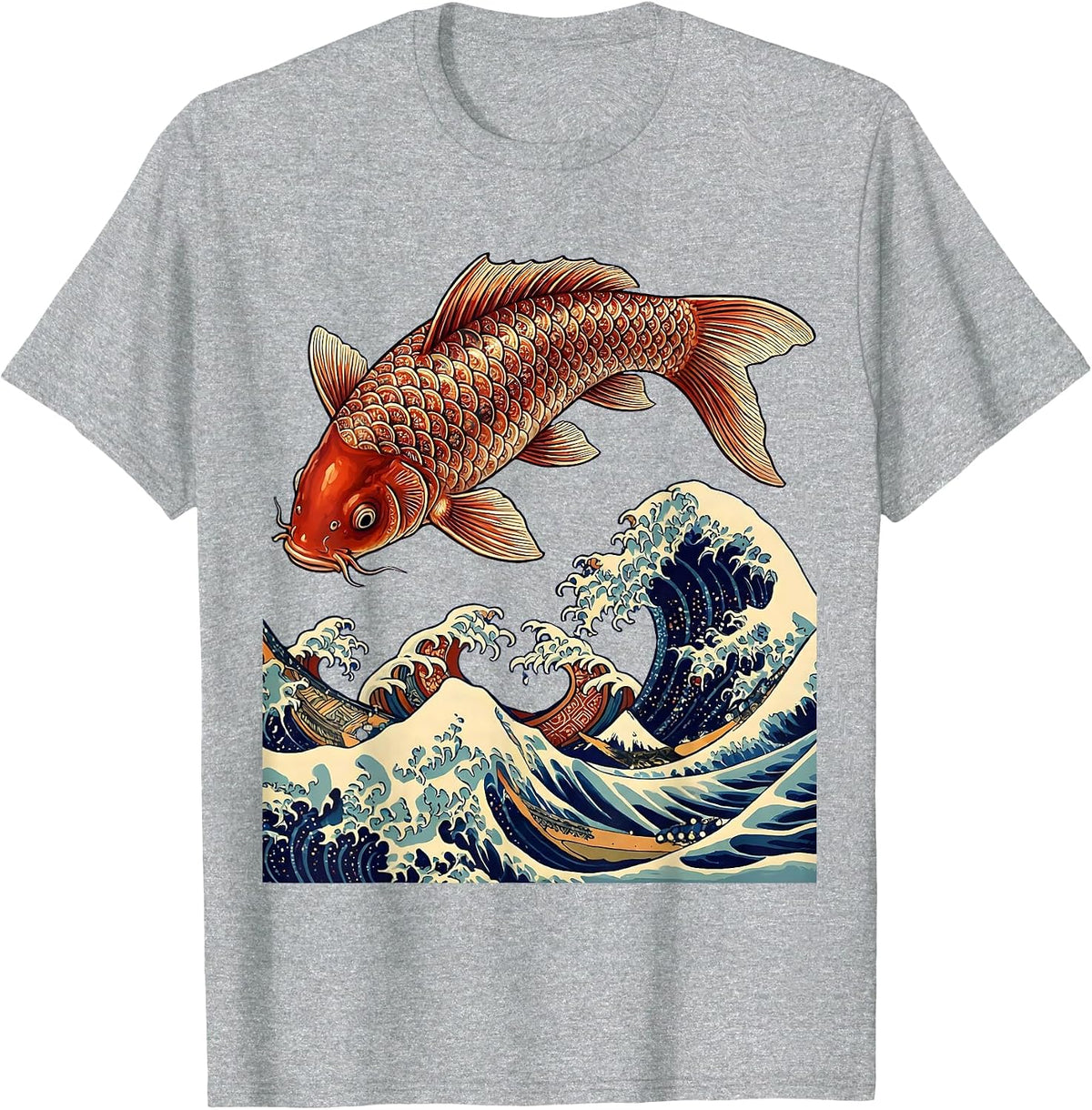 Men's Koi Fish Leaping Wave Japanese Art Design T-Shirt - Heather Grey