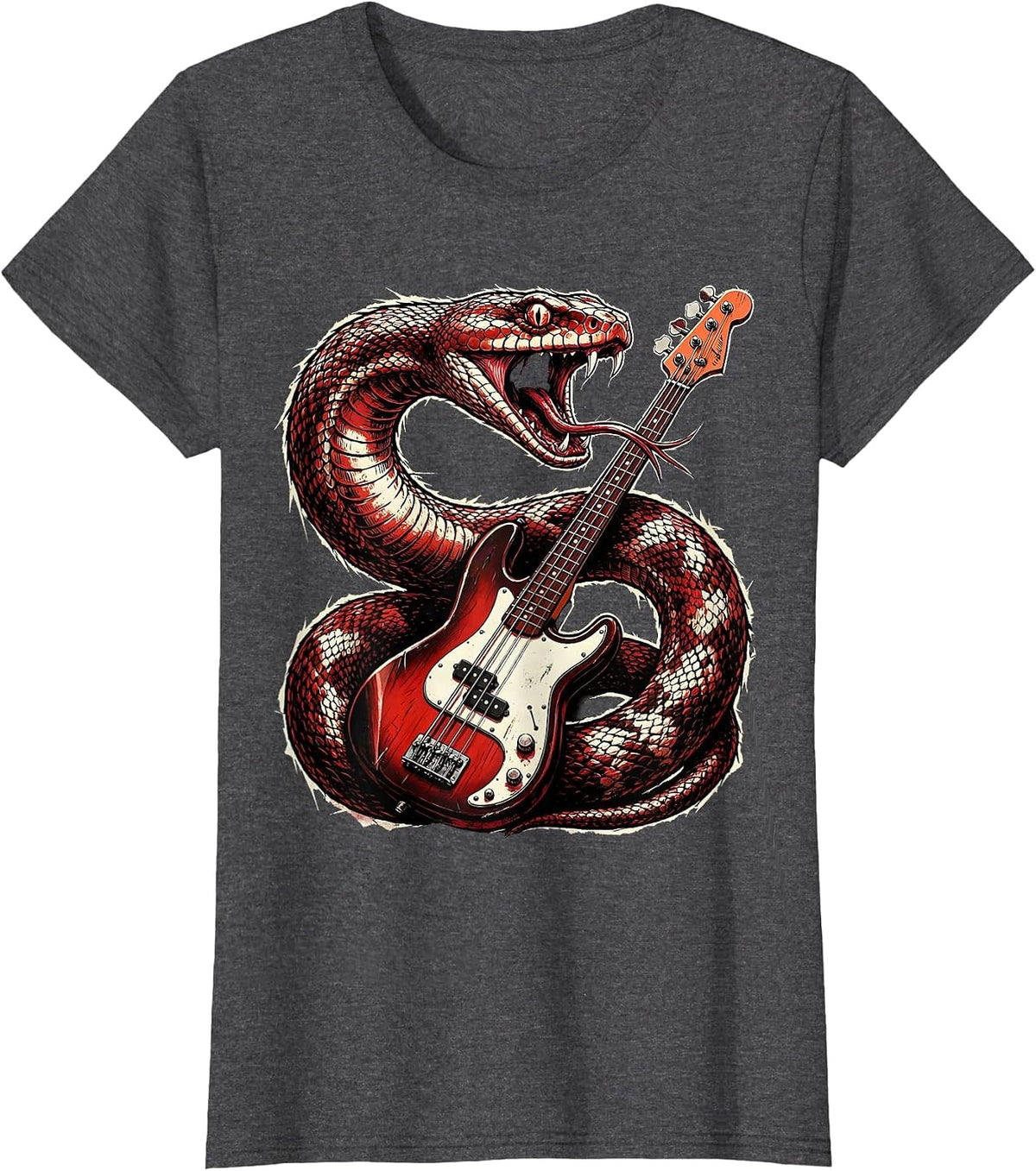 Women's Serpent Coiled Bass Guitar Rock Music Graphic T-Shirt - Dark Heather Grey