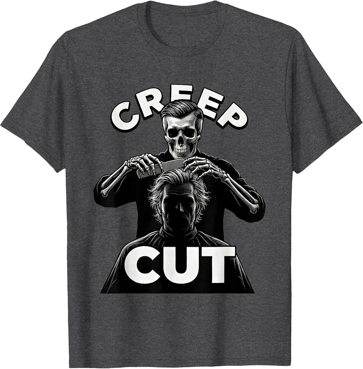 Men's Creep Cut Skeleton Hairstylist Halloween Barber Humor T-Shirt - Dark Heather Grey