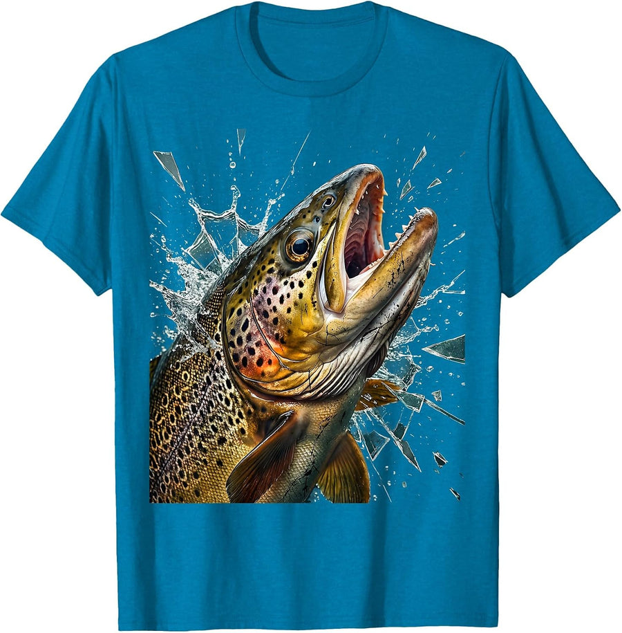Trout Face Breaking Water Surface Fishing Design T-Shirt - Sapphire Blue