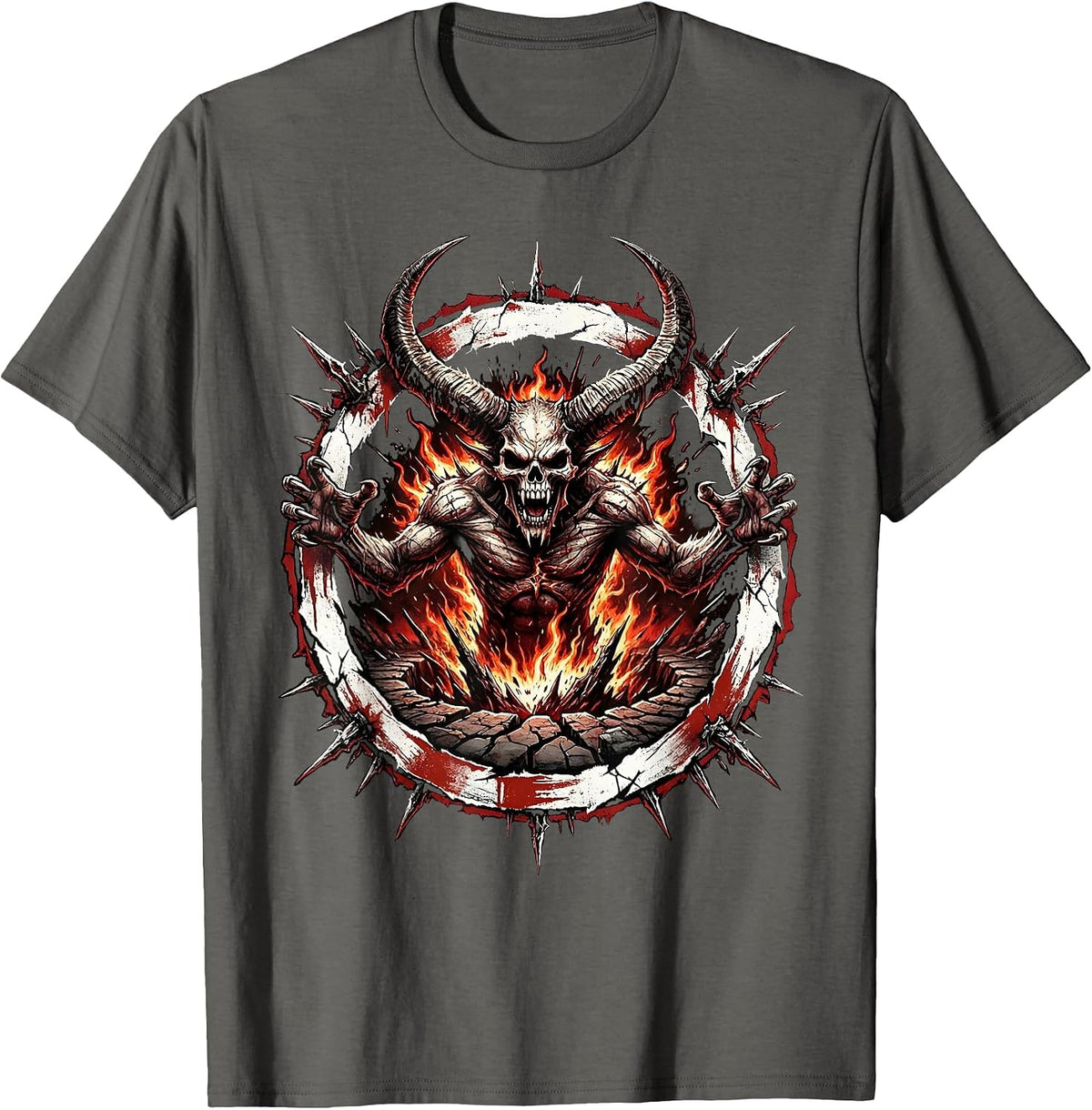 Horned Demon Rising From Fire Pit Halloween T-Shirt - Asphalt Grey