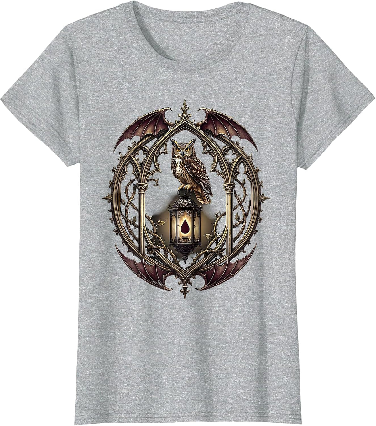 Women's Vintage Halloween Owl with Glowing Eyes on Lantern T-Shirt - Heather Grey