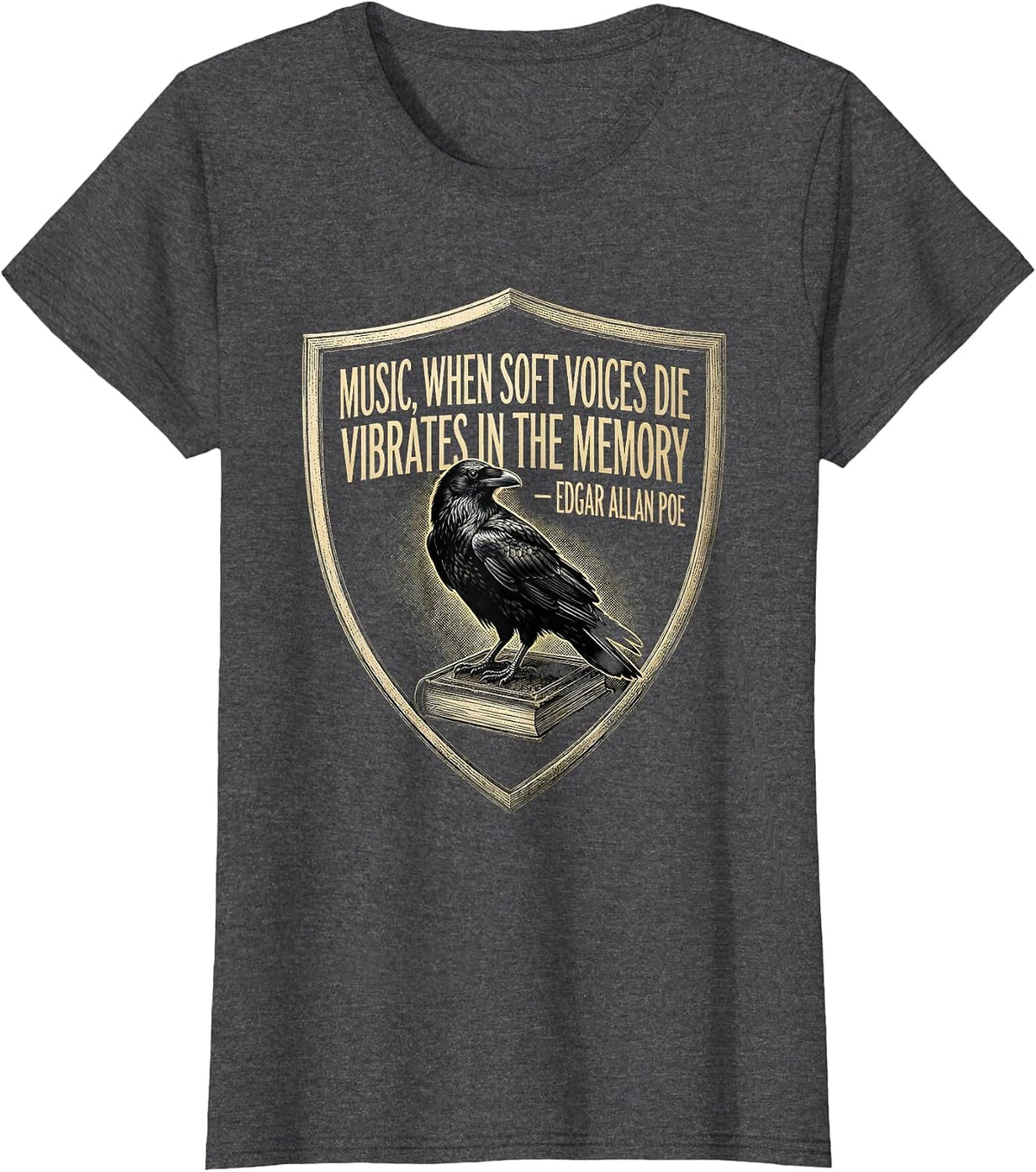 Women's Music Vibrates in Memory Edgar Allan Poe Gothic Literary T-Shirt - Dark Heather Grey