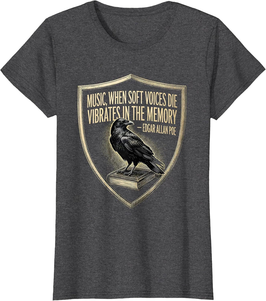 Women's Music Vibrates in Memory Edgar Allan Poe Gothic Literary T-Shirt - Dark Heather Grey