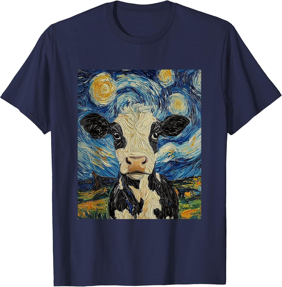 Cow Van Gogh Style Starry Night Funny Graphic T-Shirt - Navy Blue
