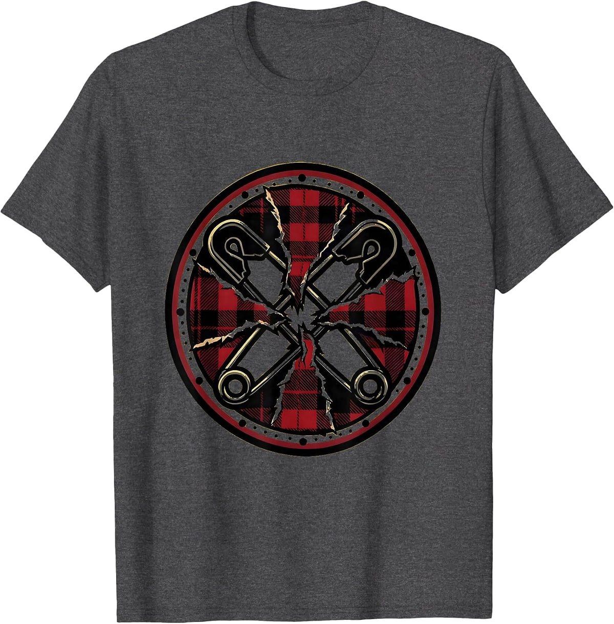 Punk Safety Pin Torn Fabric Graphic Tee T-Shirt - Dark Heather Grey