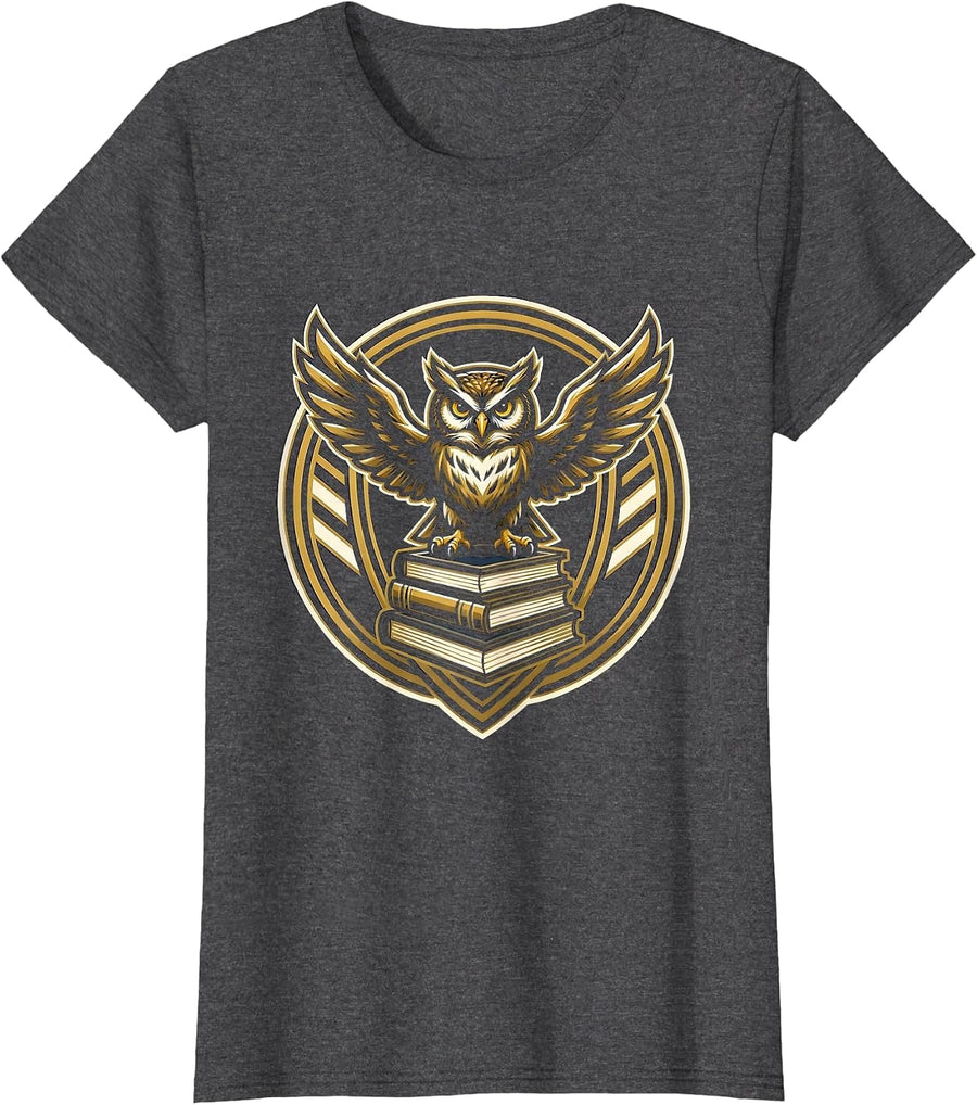 Women's Wise Owl on Textbooks College Graphic T-Shirt - Dark Heather Grey