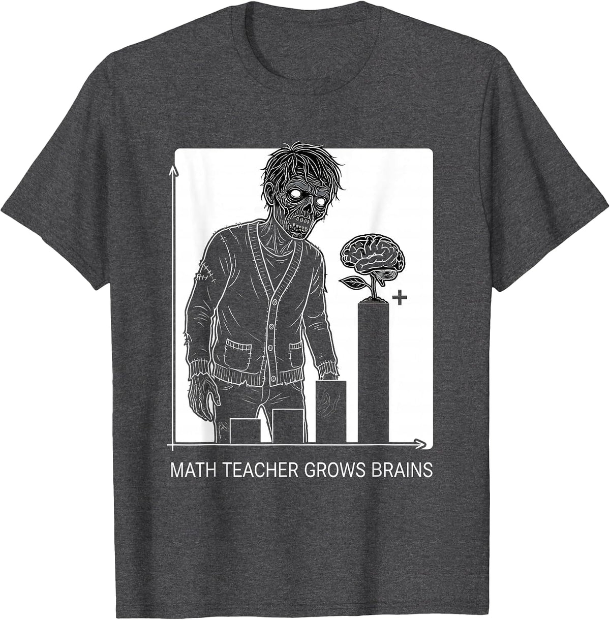 Math Teacher Grows Brains Funny Zombie Halloween Teacher T-Shirt - Dark Heather Grey