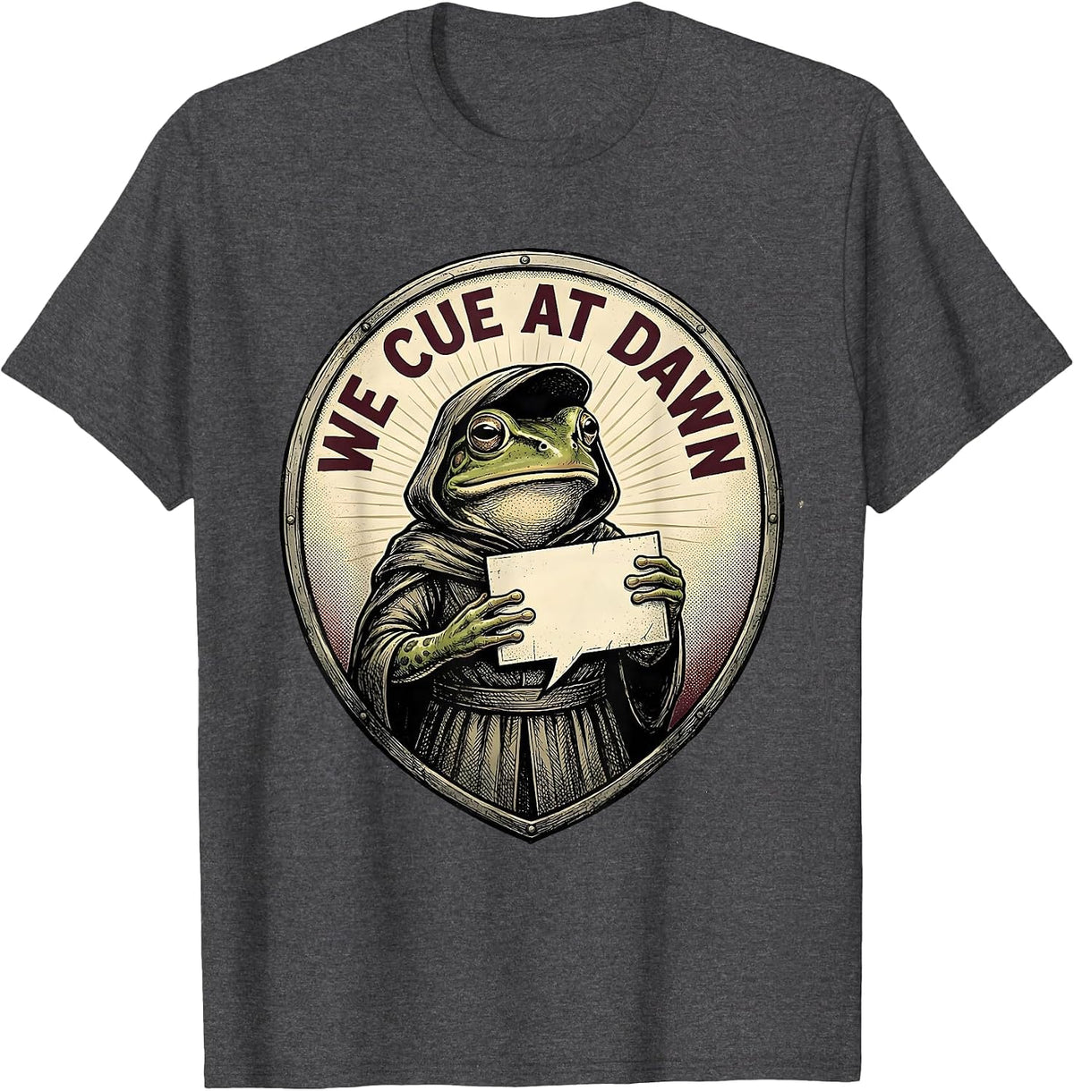 We Cue At Dawn Vintage Frog Teacher Profession Humor T-Shirt - Dark Heather Grey