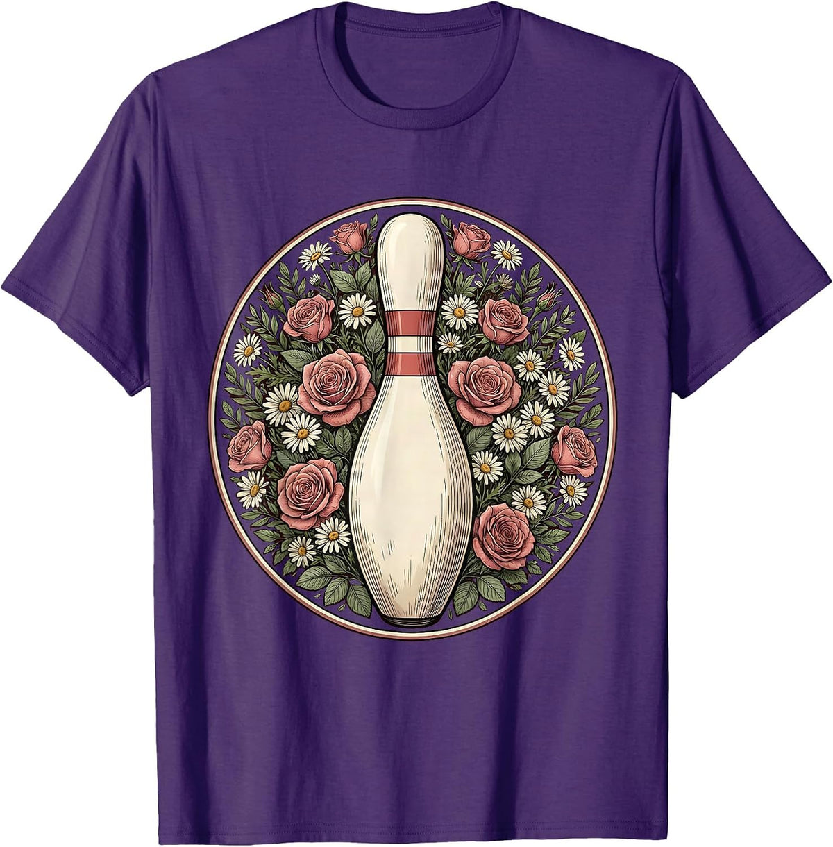 Floral Wreath Bowling Pin Illustration T-Shirt - Purple