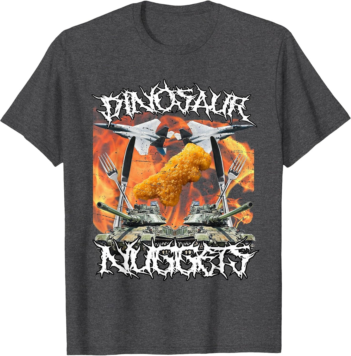 Funny Dinosaur Chicken Nugget Bootleg Hardcore Flames Meme T-Shirt - Dark Heather Grey