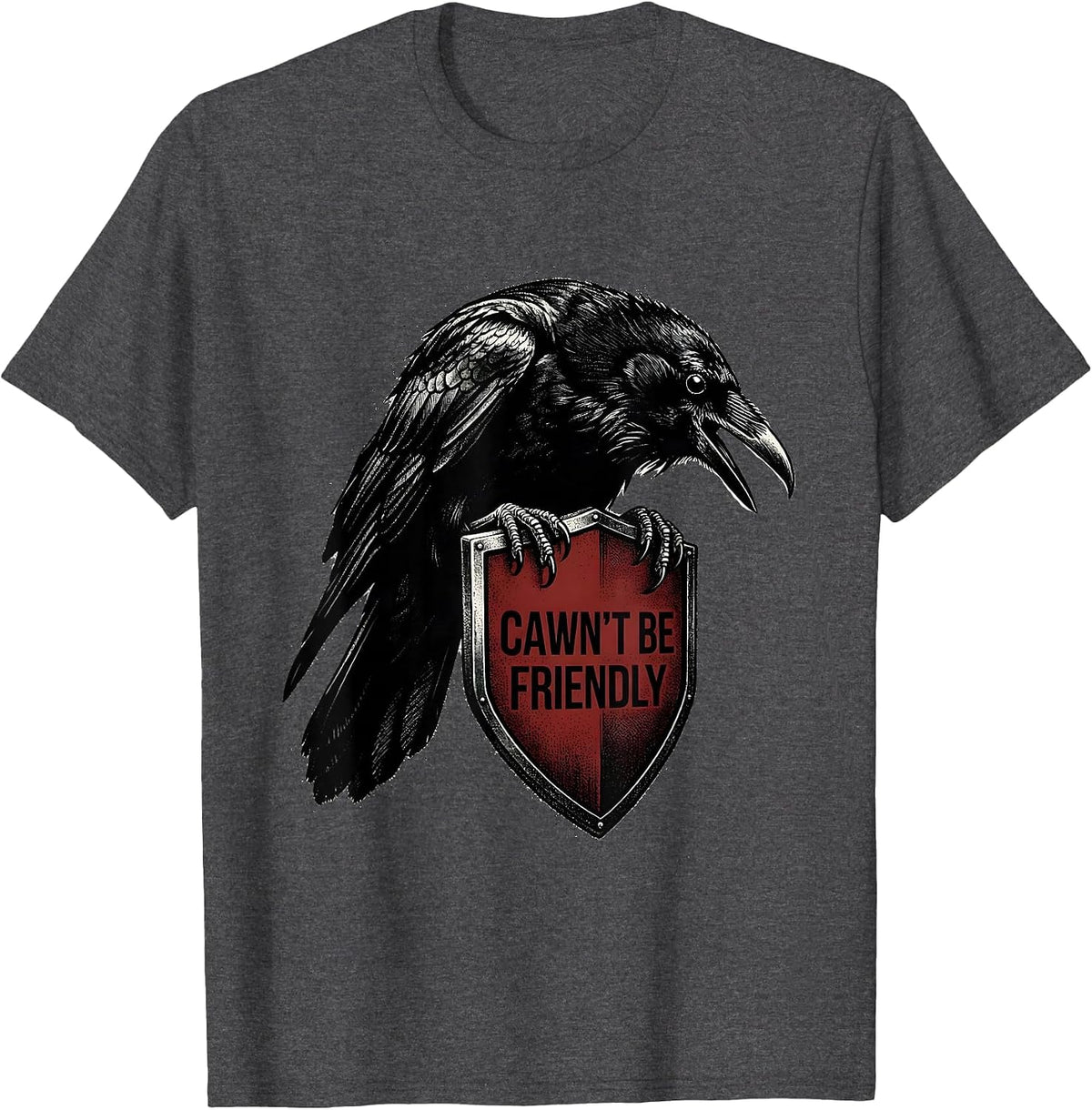 Men's Cawn't Be Friendly Blackwork Dotwork Crow Gothic Humor T-Shirt - Dark Heather Grey