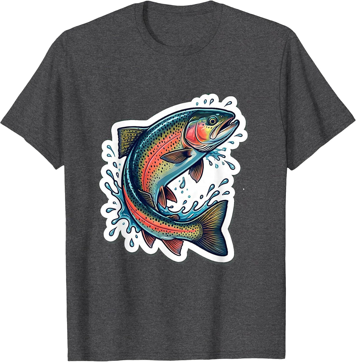 Trout Leaping Mountain Stream Fishing Illustration T-Shirt - Dark Heather Grey